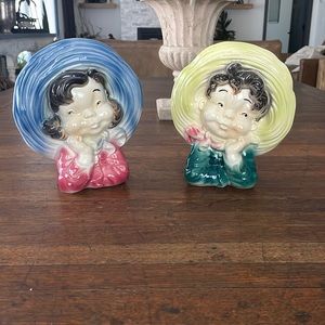 Vintage Mid-Century Pair of Royal Copley Wall Pocket Head Vases Girl & Boy.